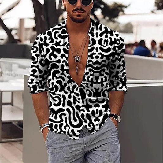 Showlu Fashion Store 0 2 / S 2023 men's party top luxury social men's lapel button shirt 3D printing long-sleeved shirt casual street designer clothing