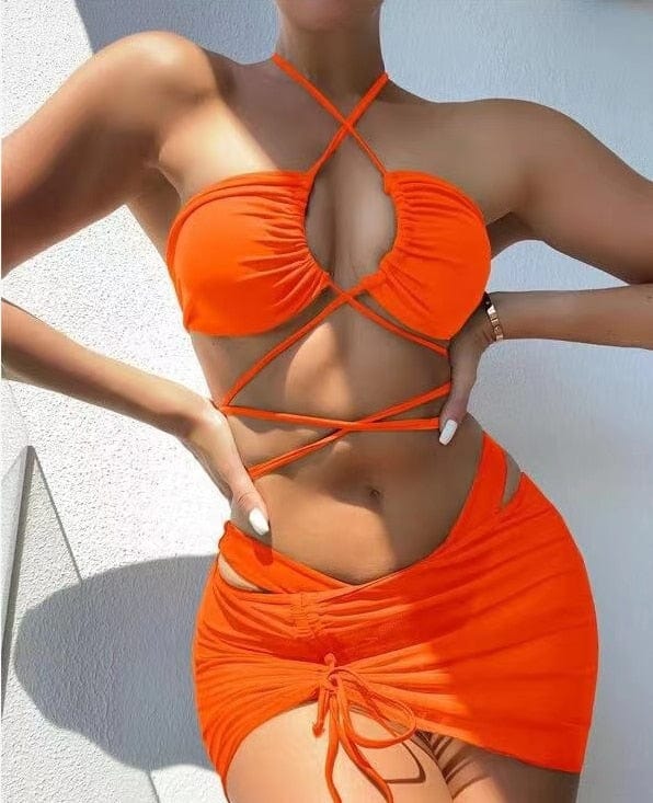 Showlu Fashion Store 0 2023 New 3 Pieces Set Swimsuit Women High Waist Swimwear Sexy Lace Up Micro Bikini Set With Skirt Solid Beachwear Bathing Suit