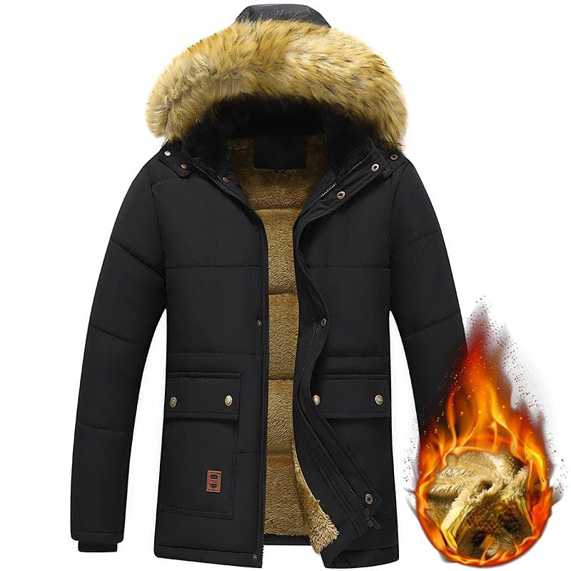 Showlu Fashion Store 0 2023 New Men Winter Parka Fleece Lined Thick Warm Hooded Fur Collar Coat Male Size 5XL Plush Jacket Autumn Work Outwearing Black