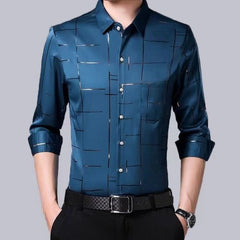 Showlu Fashion Store 0 2291 Lake blue / L 88A (60-70kg) Smart Casual Men New Thin Plaid Smooth Shirts Long Sleeve Lapel Spring Autumn Clothing Koreon Male Loose Business Fashion Tops