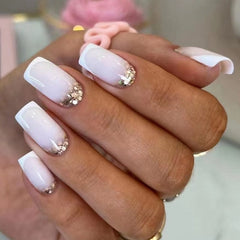 Showlu Fashion Store 0 24Pcs Short Square False Nails with Jelly Adhesive Glitter Gradient Design Detachable Fake Fingernails Full Cover Press on Nails