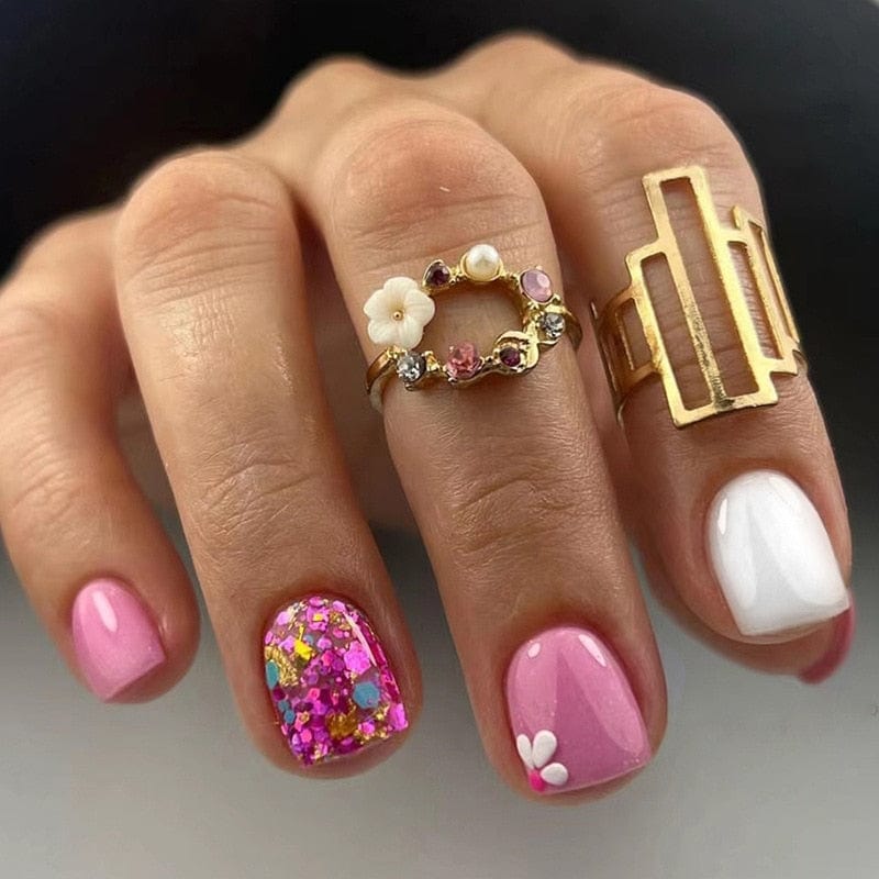 Showlu Fashion Store 0 24Pcs Short Square False Nails with Jelly Adhesive Glitter Gradient Design Detachable Fake Fingernails Full Cover Press on Nails