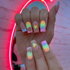 Showlu Fashion Store 0 24Pcs Short Square False Nails with Jelly Adhesive Glitter Gradient Design Detachable Fake Fingernails Full Cover Press on Nails