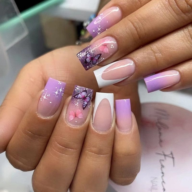 Showlu Fashion Store 0 24Pcs Short Square False Nails with Jelly Adhesive Glitter Gradient Design Detachable Fake Fingernails Full Cover Press on Nails