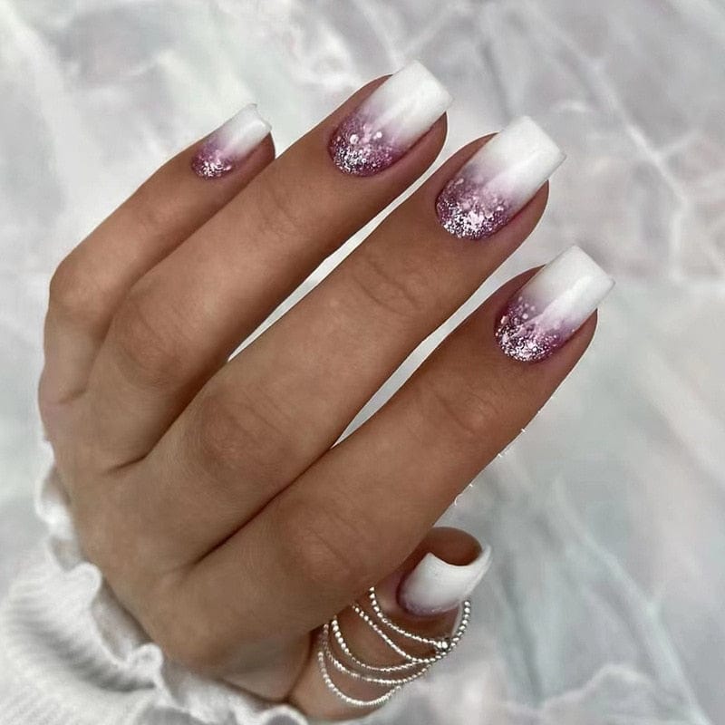 Showlu Fashion Store 0 24Pcs Short Square False Nails with Jelly Adhesive Glitter Gradient Design Detachable Fake Fingernails Full Cover Press on Nails