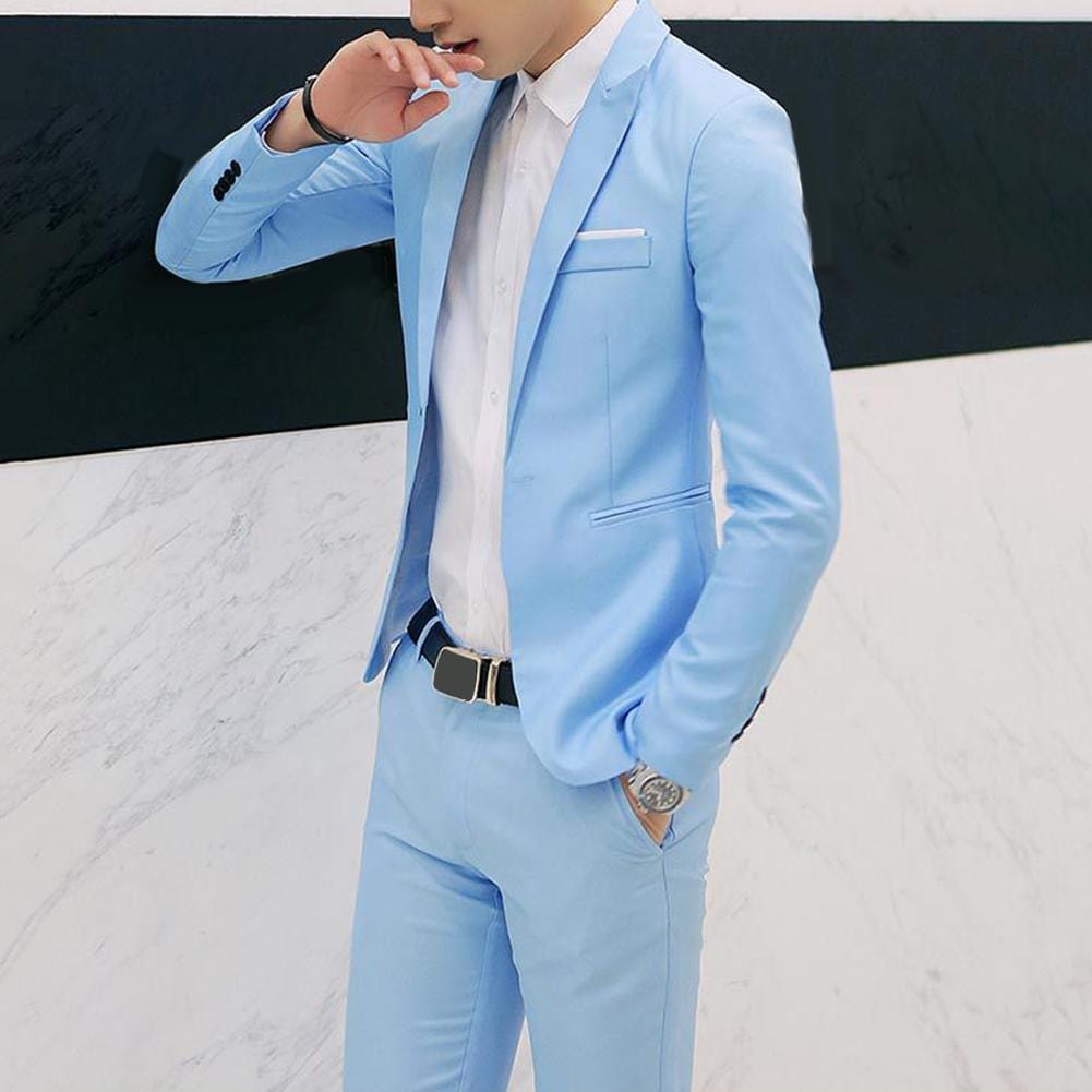 Showlu Fashion Store 0 2Pcs/ 1 Set Fashion Men Solid Color Lapel Button Long Sleeve Slim Blazer Suit Pants for Men Wedding Office Meeting Male Clothing