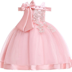 Showlu Fashion Store 0 3-10 Years Kids Christmas Party Dresses For Girls Appliques Flower Elegant Wedding Dress With Bow Children Birthday Prom Gown