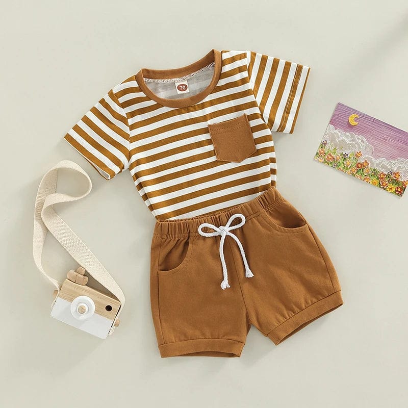 Showlu Fashion Store 0-3 Years Toddler Baby Boys Clothes Short Set Short Sleeve Striped T-shirt with Elastic Waist Shorts Summer Clothing Outfit