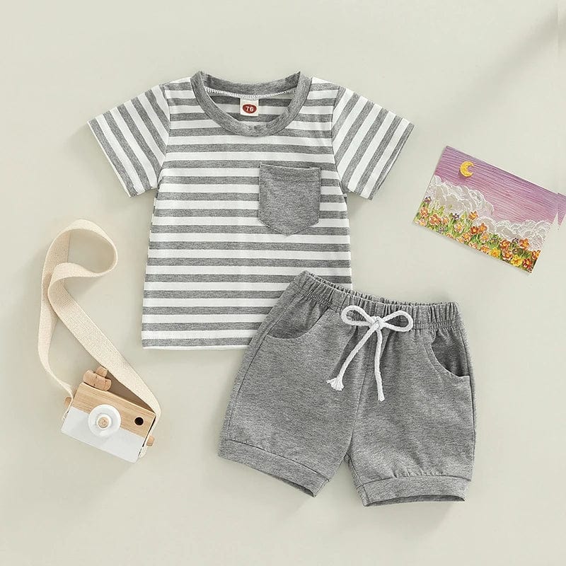 Showlu Fashion Store 0-3 Years Toddler Baby Boys Clothes Short Set Short Sleeve Striped T-shirt with Elastic Waist Shorts Summer Clothing Outfit