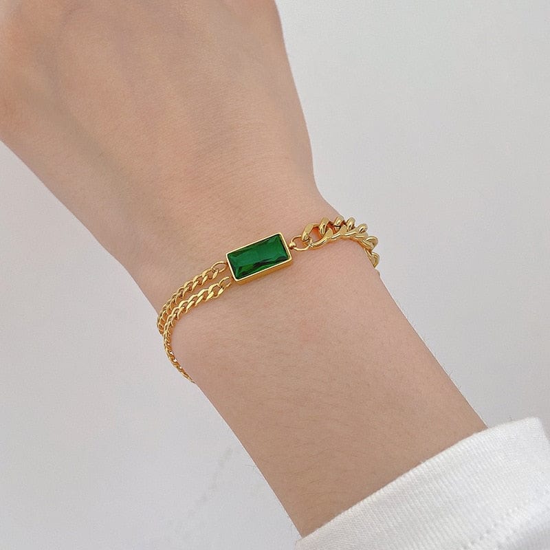 Showlu Fashion Store 0 316L Stainless Steel Necklace Earring Bracelet Ins Personality Time Vintage Green Zircon Shang Ladies Jewelry Set For Gift