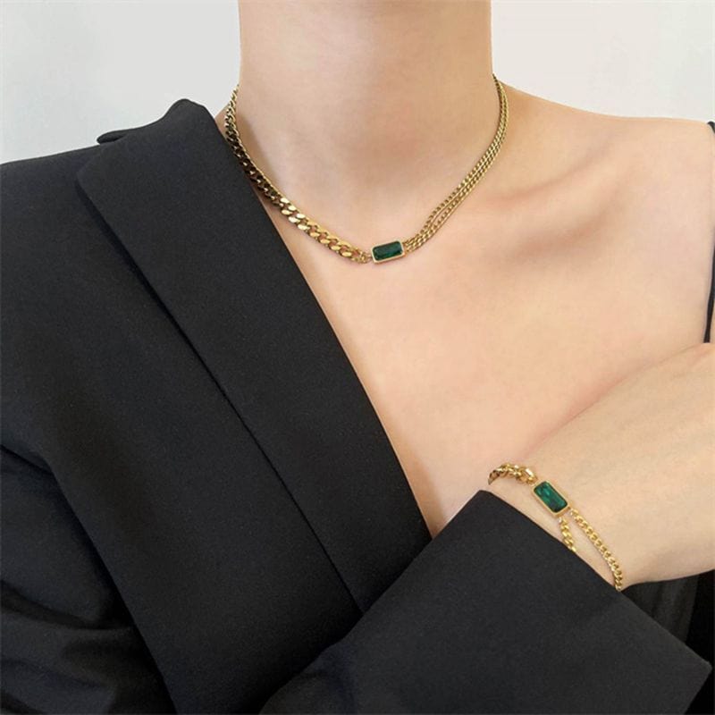 Showlu Fashion Store 0 316L Stainless Steel Necklace Earring Bracelet Ins Personality Time Vintage Green Zircon Shang Ladies Jewelry Set For Gift