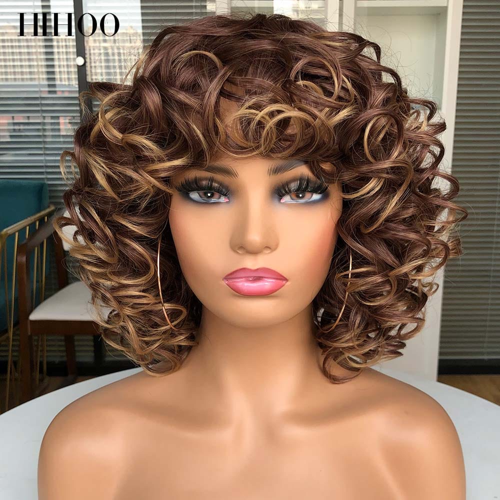 Showlu Fashion Store 0 33-27 / 14inches Short Hair Afro Curly Wig With Bangs For Black Women Cosplay Fluffy  Glueless Mixed Brown Blonde Wigs Natural High Temperat Red