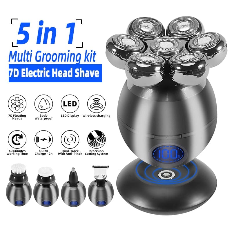 Showlu Fashion Store 0 5 in 1 Electric Head Shaver for Bald Men 7D Floating Cutter Beard Trimmer Clipper IP68 Waterproof Shaving USB Wireless Charging