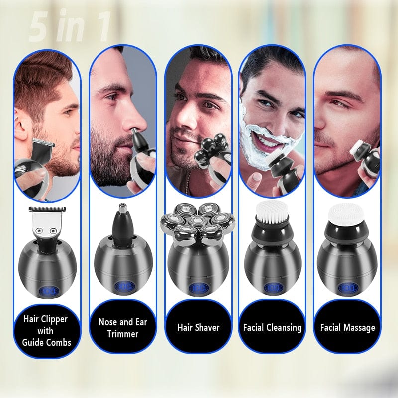 Showlu Fashion Store 0 5 in 1 Electric Head Shaver for Bald Men 7D Floating Cutter Beard Trimmer Clipper IP68 Waterproof Shaving USB Wireless Charging