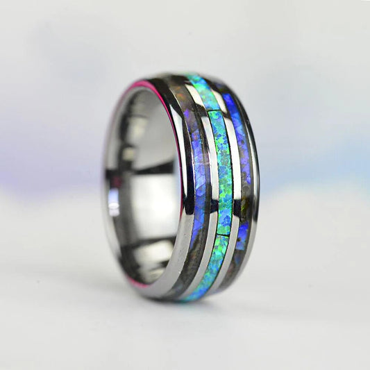 Showlu Fashion Store 0 6 / Silver Color / China Fashion 8mm Rose Gold Color Tungsten Wedding Men Stainless Steel Rings Inlay Abalone Shell Blue Opal Rings Men Wedding Jewelry