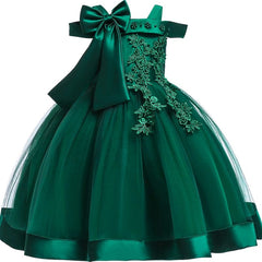 Showlu Fashion Store 0 6T 130 / dark green 3-10 Years Kids Christmas Party Dresses For Girls Appliques Flower Elegant Wedding Dress With Bow Children Birthday Prom Gown