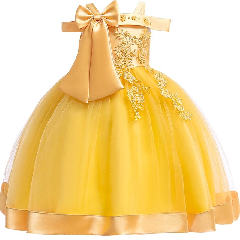 Showlu Fashion Store 0 6T 130 / yellow 3-10 Years Kids Christmas Party Dresses For Girls Appliques Flower Elegant Wedding Dress With Bow Children Birthday Prom Gown