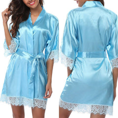 Showlu Fashion Store 0 9 Silk Lace Dress Women's Sleepwear Mini Robe Half Sleeve Lace Bathrobe Sexy Lingerie Night Gown Thongs Nightdress