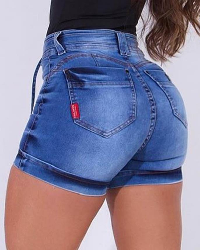 Showlu Fashion Store 0 A / S Casual High Waist Denim Shorts Pocket Zipper Tied Detail Design Above Knee Daily Women&#39;s Fashion Skinny Denim Short