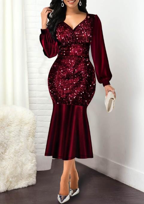 Showlu Fashion Store 0 A / S Elegant Party Dresses for Women 2023 New Fashion Evening Dress Sequin Slim Fit V-Neck Long Sleeve High Waist Fishtail Long Dress