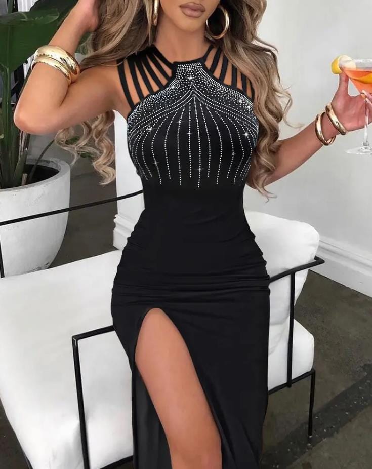 Showlu Fashion Store 0 A / S Sexy Women Dresses Rhinestone Decor Elegant Fashion Multi-Strap High Slit O-Neck Sleeveless Maxi Skinny Party Dress 2022 Summer