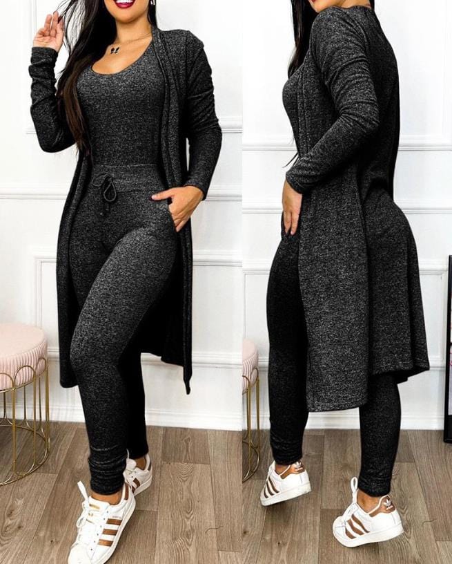 Showlu Fashion Store 0 A / S Two Piece Set Women Outfit 2023 Spring Fashion Drawstring Pocket Design U-Neck Sleeveless Skinny Jumpsuit & Long Sleeve Coat Set