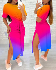 Showlu Fashion Store 0 A / S Women Fashion Rainbow Ombre Vacation Dress European &amp; American Women&#39;s Clothing Tied Detail Summer Slit Casual Mid-Calf Dresses