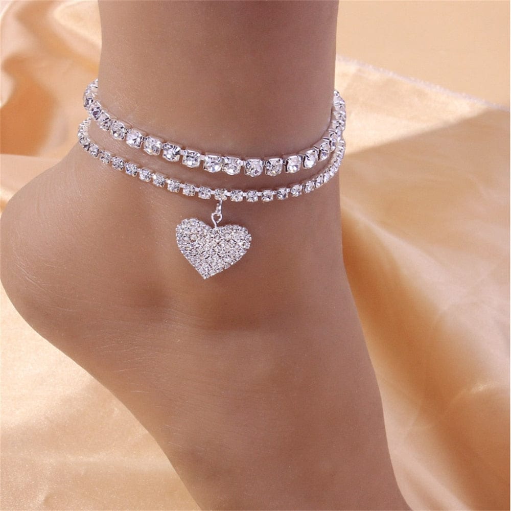 Showlu Fashion Store 0 AAAA Ins Fashion Silver Color Rhinestone Double Heart Anklet for Women Bling Hollow Out Love Foot Ankle Leg Bracelet Chain Jewelry