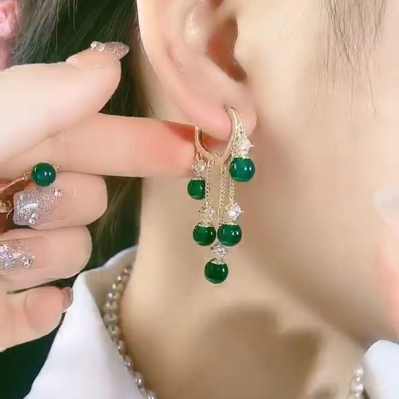 Showlu Fashion Store 0 Accessories for Women Emerald Cat Eye Stone Tassel Earrings for Women Wedding Party Anniversary Gift Jewelry Pendientes Mujer