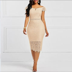 Showlu Fashion Store 0 apricot / S Elegant Lace Evening Wedding Party Dress for Women Sexy Hollow Out Office Ladies Bodycon Dresses Fashion Birthday Club Vestidos