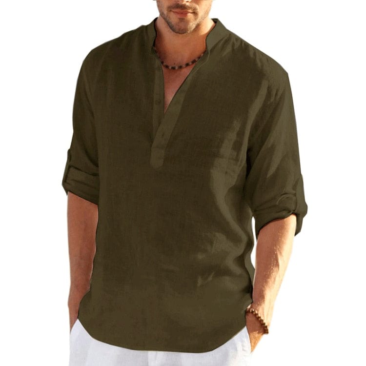 Showlu Fashion Store 0 army green / S New Men's Linen Long Sleeve T-Shirt Solid Color Loose Casual Shirt Long Sleeve Cotton Linen Shirt