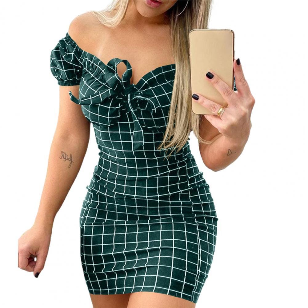 Showlu Fashion Store 0 Atrovirens / S Stylish Women Dress  Plaid Sexy Party Dress  Blackless Strapless Bodycon Dress