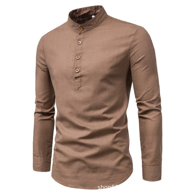 Showlu Fashion Store 0 Auburn / 4XL Men's solid color casual slim fitting standing collar long sleeved business shirt shirt