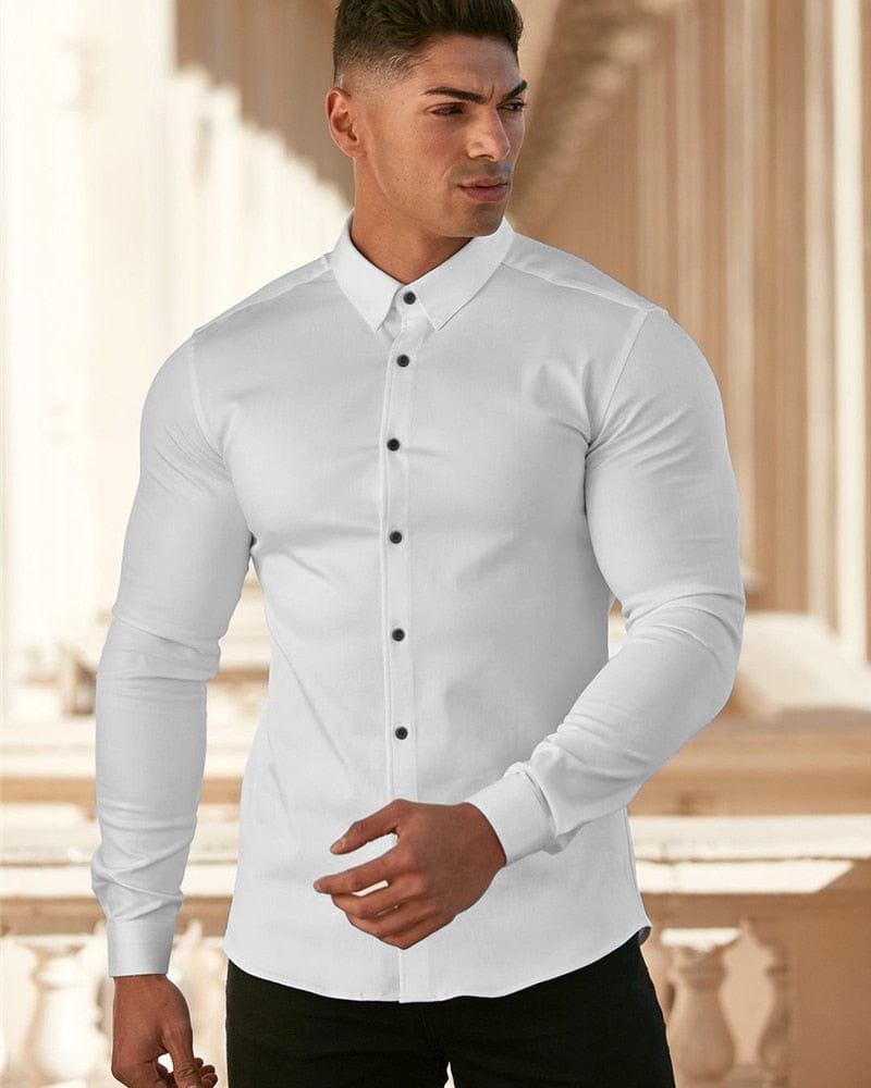 Showlu Fashion Store 0 Autumn Fashion Long Sleeve Shirt Men Super Slim Fit Male Casual Social Business Dress Shirt Brand Men Fitness Sports Clothing