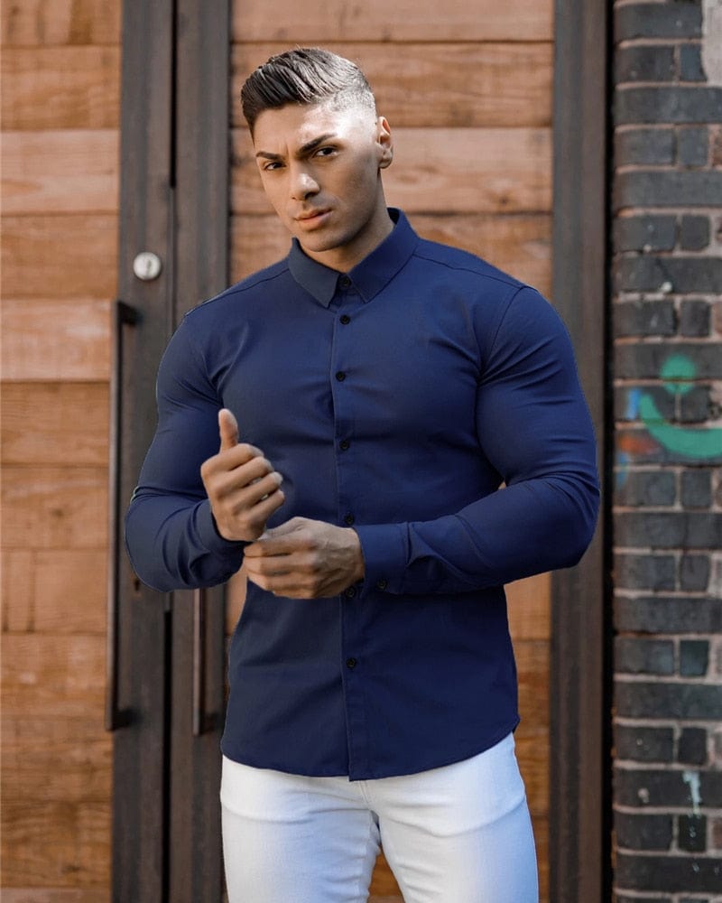 Showlu Fashion Store 0 Autumn Fashion Long Sleeve Shirt Men Super Slim Fit Male Casual Social Business Dress Shirt Brand Men Fitness Sports Clothing