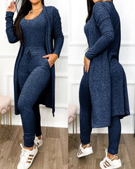 Showlu Fashion Store 0 B / S Two Piece Set Women Outfit 2023 Spring Fashion Drawstring Pocket Design U-Neck Sleeveless Skinny Jumpsuit & Long Sleeve Coat Set