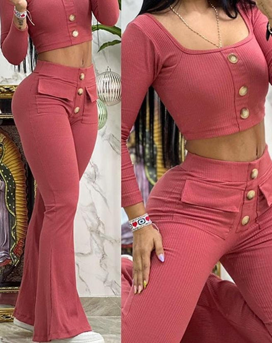 Showlu Fashion Store 0 B / S Two Piece Set Women Outfit 2023 Summer Fashion Square Neck Long Sleeve Buttoned Top & Pocket Design High Waist Flared Pants Set