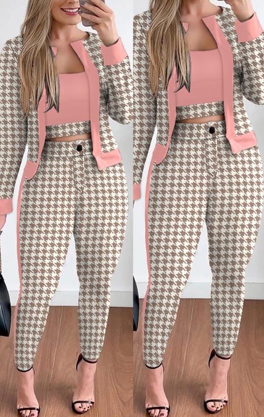  Showlu Fashion Store 0 B / S Two Piece Set Women Outfit Spring Fashion Plaid Print Contrast Paneled Open Front Long Sleeve Coat & Elegant Skinny Pants Set