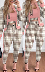  Showlu Fashion Store 0 B / S Two Piece Set Women Outfit Spring Fashion Plaid Print Contrast Paneled Open Front Long Sleeve Coat & Elegant Skinny Pants Set