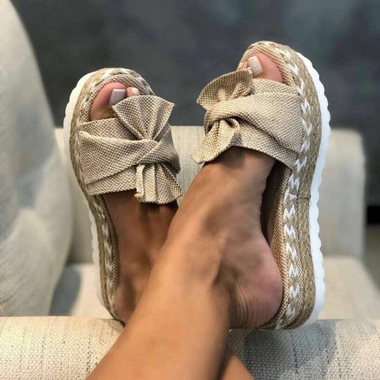 Showlu Fashion Store 0 Beige / 35 Women Slippers Summer 2022 Platform Wedges Mid Heels Bow Tie Peep Toe Fashion Slides Beach Outdoor Ladies Shoes Zapatos De Mujer