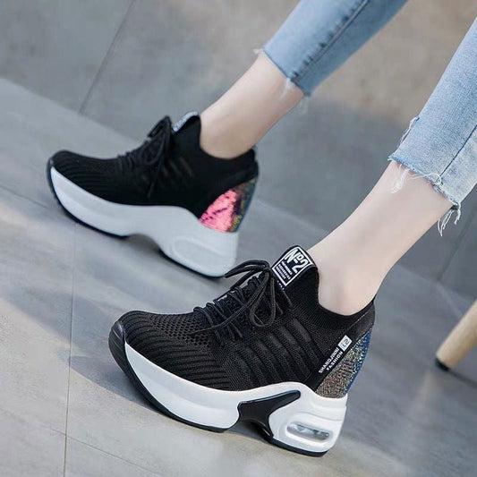 Showlu Fashion Store 0 Black 02 / 35 Women Mesh Breathable Casual Sneakers Women Spring Platform Heels Wedges Height Increasing 2023 Knitted Ladies Vulcanized Shoes