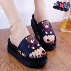 Showlu Fashion Store 0 black-1 / 35 New Summer High-heeled Thick Soled Slippers Women's Cute Cartoon Bear Heightening Sandals Shoes Woman Heels Summer Slipper Slide