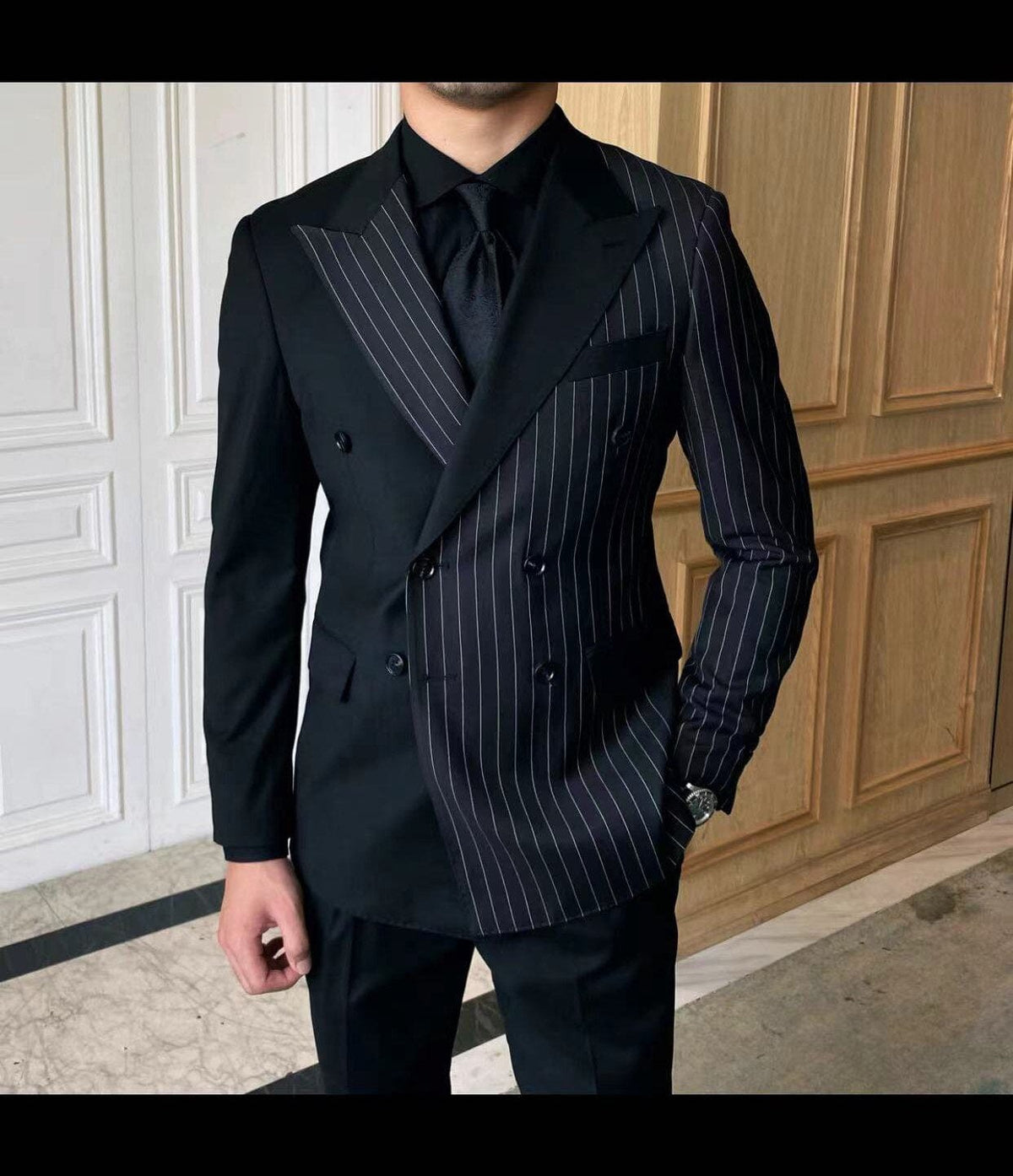 Showlu Fashion Store 0 black-1 / XS Men's Patchwork Double Breasted Tuxedo Point Lapel Men's Business Prom Suit Best Men's Blazer Suit 2 Pieces (Jacket+Pants)