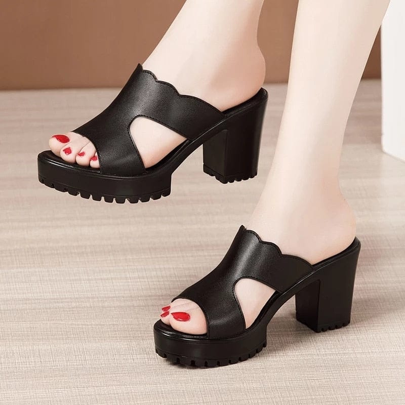 Showlu Fashion Store 0 black-2 / 35 Comemore Slipper Female Block Heel Platform Slippers Slides Women 2022 New High Heels Ladies Office Women's Summer Shoes Sandals