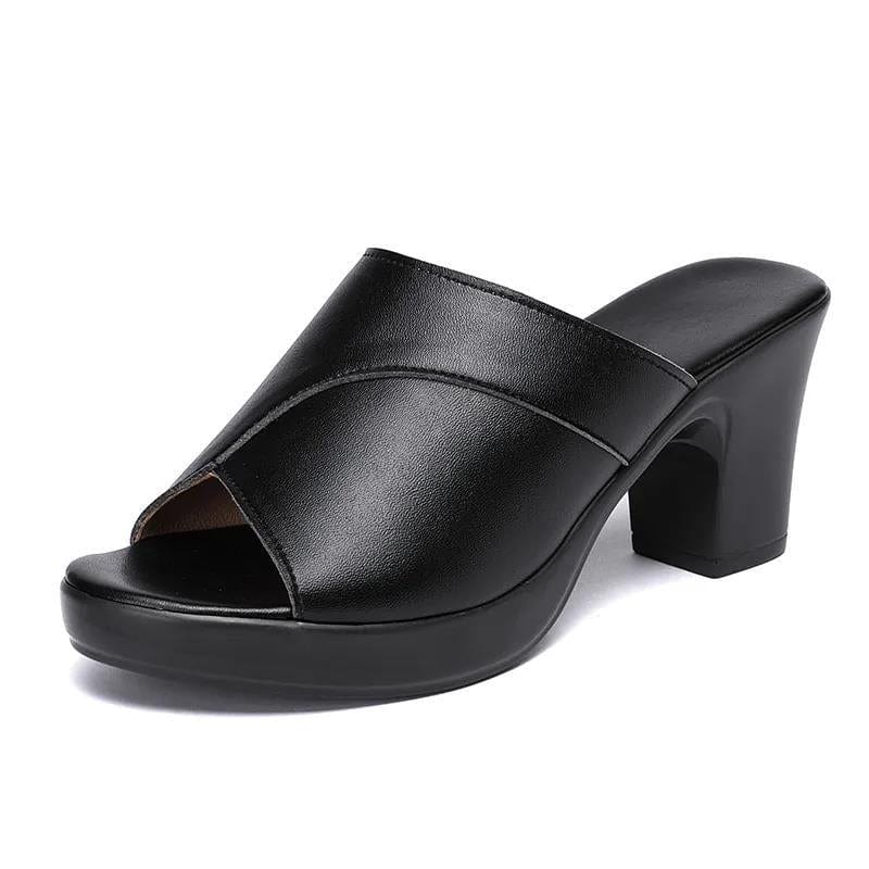 Showlu Fashion Store 0 black-2 / 35 Roman Sandals Women's Soft Sole Comfortable Mother's Shoes Summer Pu Leather Fish Mouth Thick Heel Hollow Out Non Slip Sandalis