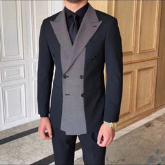 Showlu Fashion Store 0 black-2 / XS Men's Patchwork Double Breasted Tuxedo Point Lapel Men's Business Prom Suit Best Men's Blazer Suit 2 Pieces (Jacket+Pants)