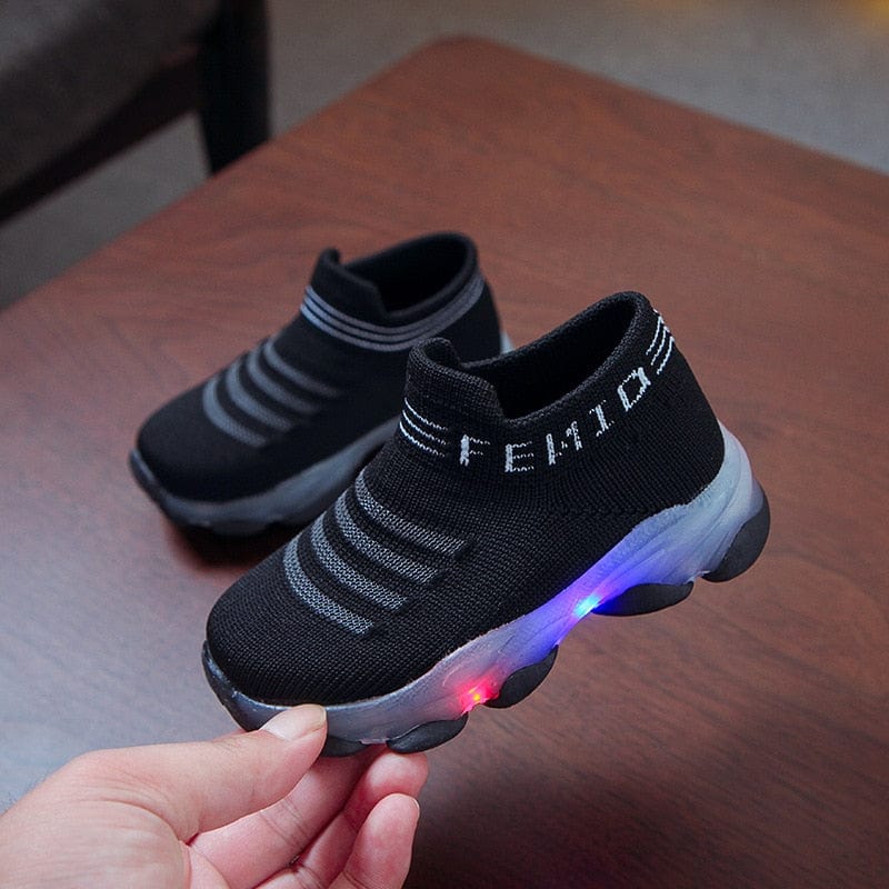 Showlu Fashion Store 0 Black / 22 Kids Sneakers Children Baby Girls Boys Letter Mesh Led Luminous Socks Sport Run Sneakers Shoes Sapato Infantil Light Up Shoes