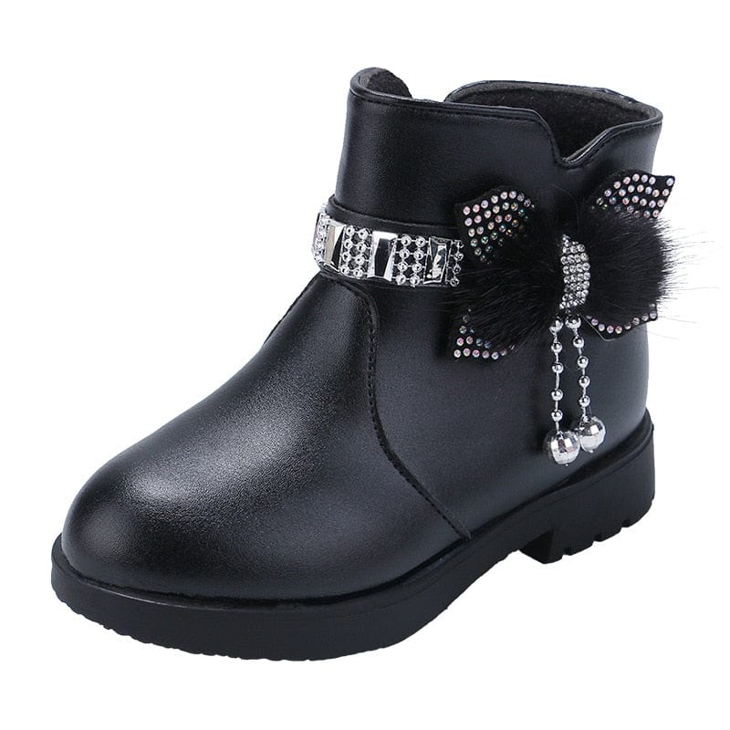 Showlu Fashion Store 0 Black / 23  14.5cm Children's Shoes Girl Mid Length Warm Leather Boots Baby Bow Cute Cotton Shoes Plush Winter New Student Two Cotton Boots Botines