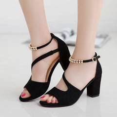 Showlu Fashion Store 0 Black / 34 spring summer sexy fish mouth hollow Roman sandals thick with word with beaded high heels female summer Sexy female sandals