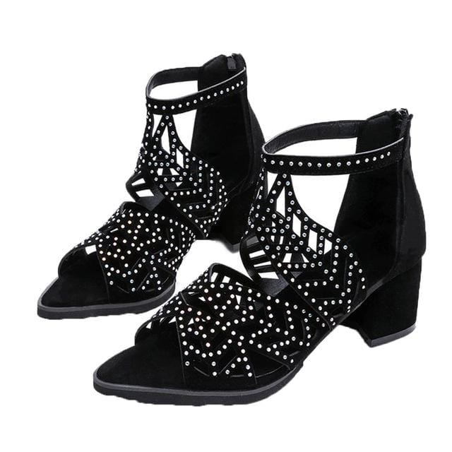 Showlu Fashion Store 0 Black / 35 2022 New Style Women Summer Hollow Out Faux Leather Rhinestones Thick Heel Zipper Sandals Shoes Eur 35-41